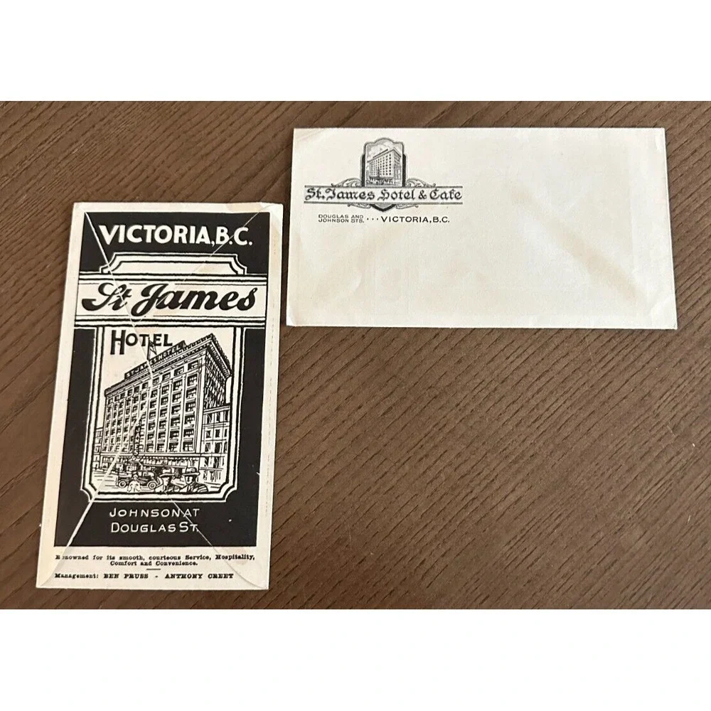 Pair of 2 Vintage HTF St. James Hotel Victoria B.C. Canada Envelopes Travel